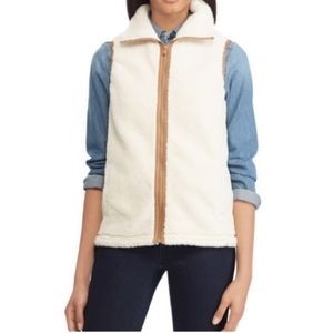 Women’s small Chaps cream faux fur vest with brown trim.